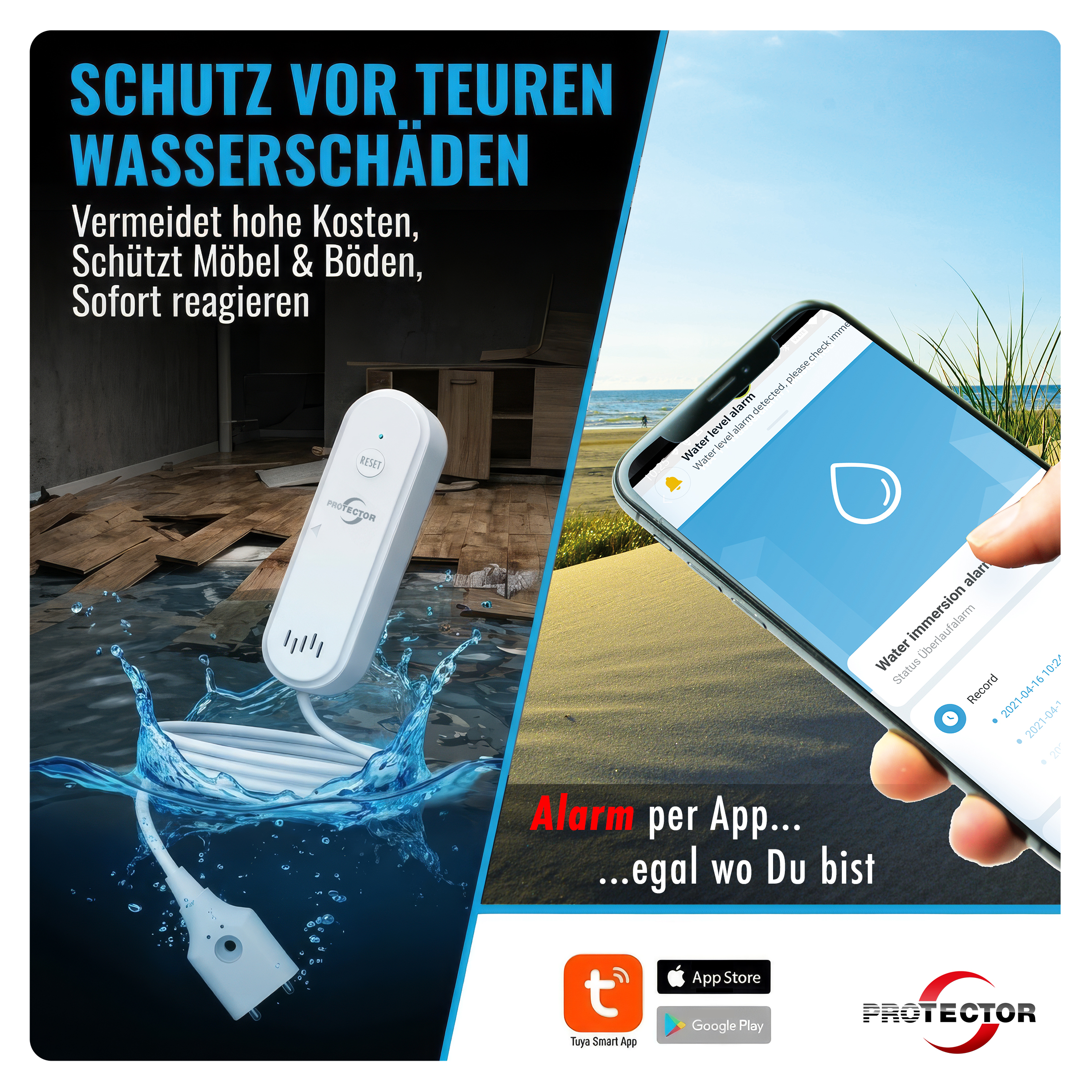 NEU WLAN WASSERALARM, mit Kabel, 2-fache Sicherheit