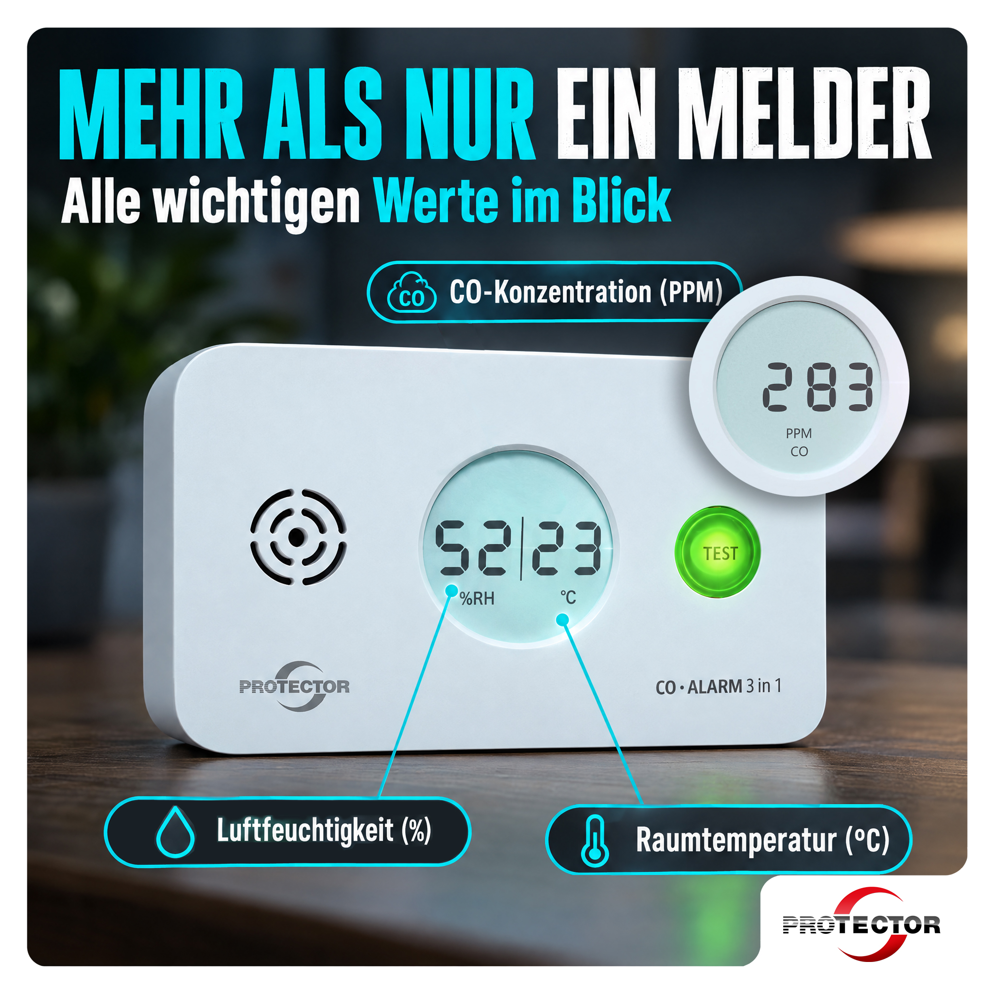 CO-Gasmelder 3-in-1-Melder, Kohlenmonoxid-Melder mit Thermometer + Hygrometer