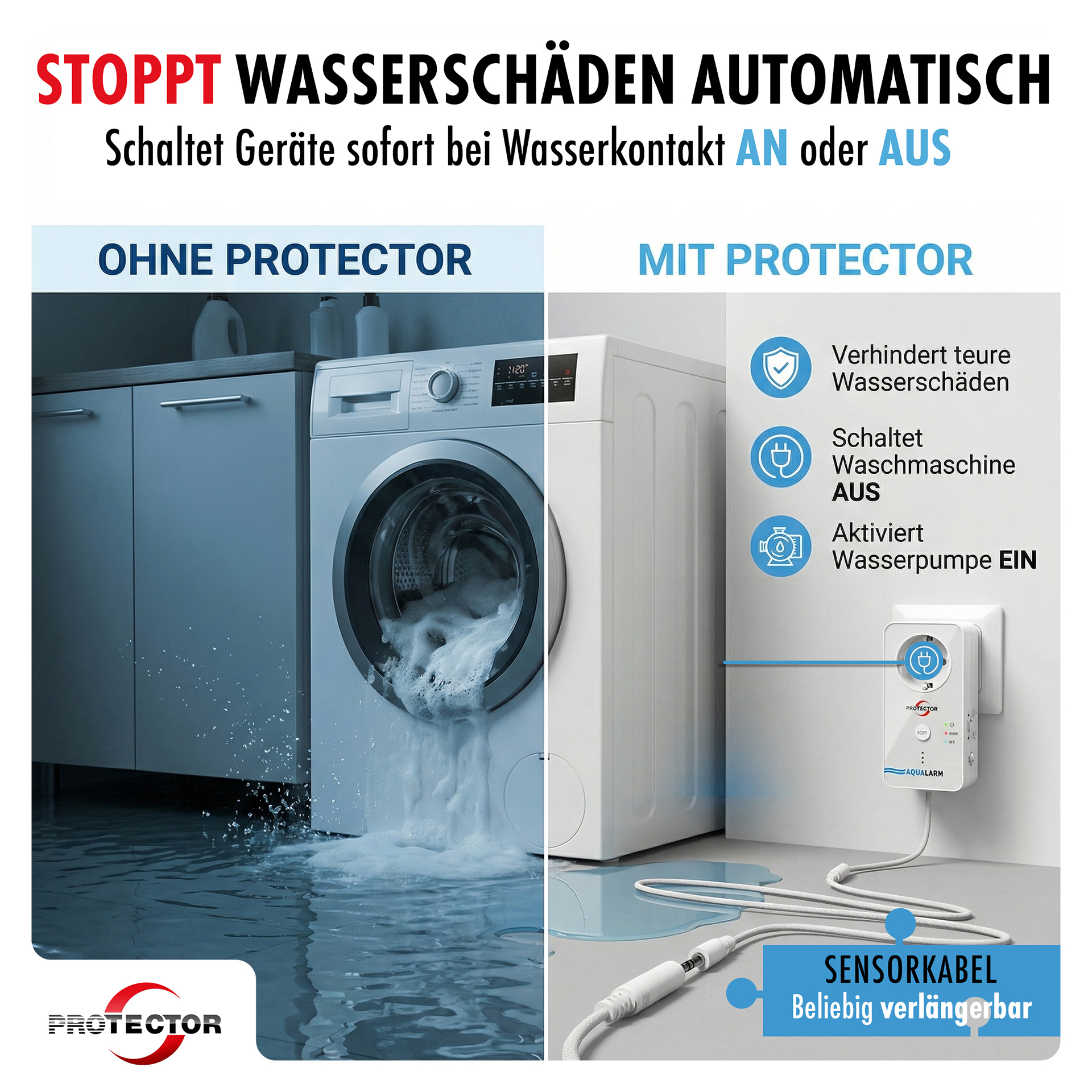 NEU WASSERALARM, mit full-sensitiven Detektor-Kabel, 2-fache Sicherheit