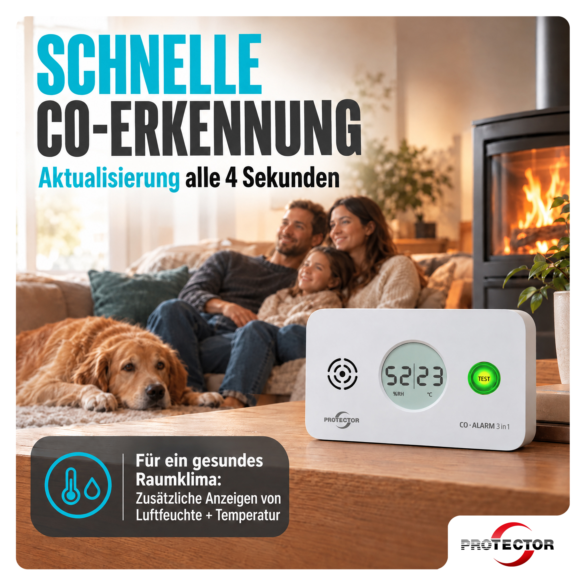 CO-Gasmelder 3-in-1-Melder, Kohlenmonoxid-Melder mit Thermometer + Hygrometer