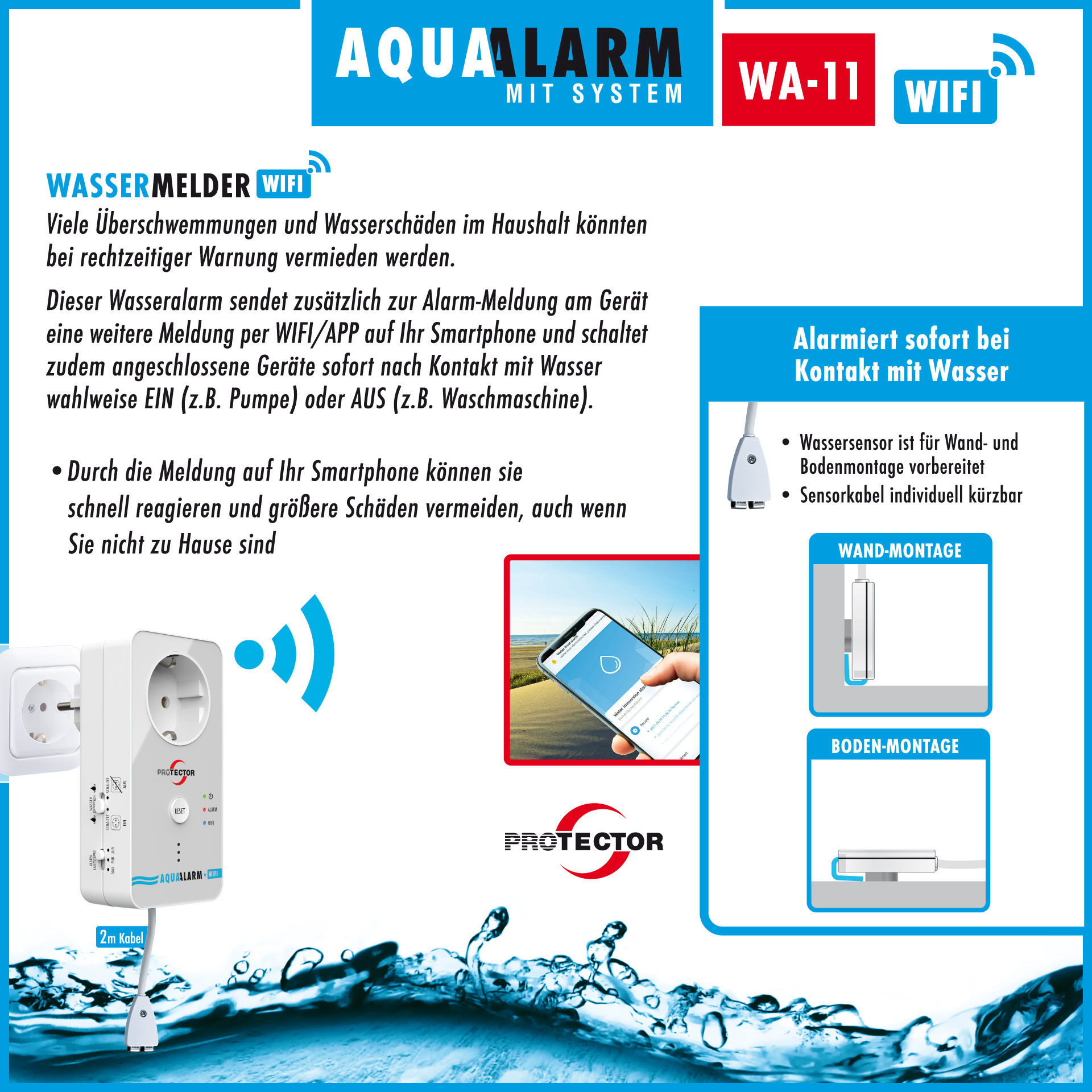Wassermelder Alarm mit Wifi & Smartphone-App, Wasserpegelschalter