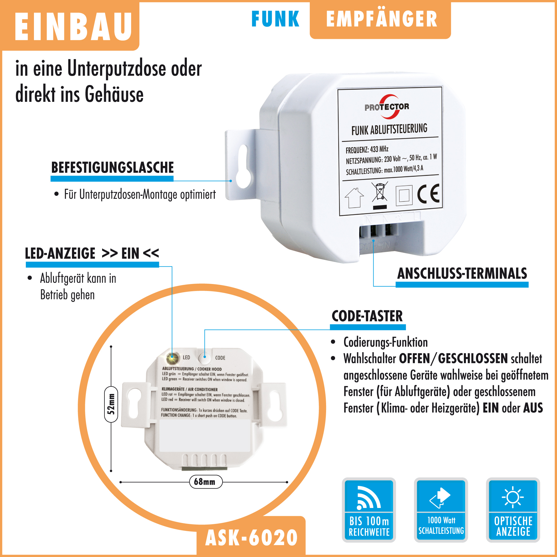 Einbau-Funk-Abluftsteuerung mit Kinetik-Fenstersender ASK-6020
