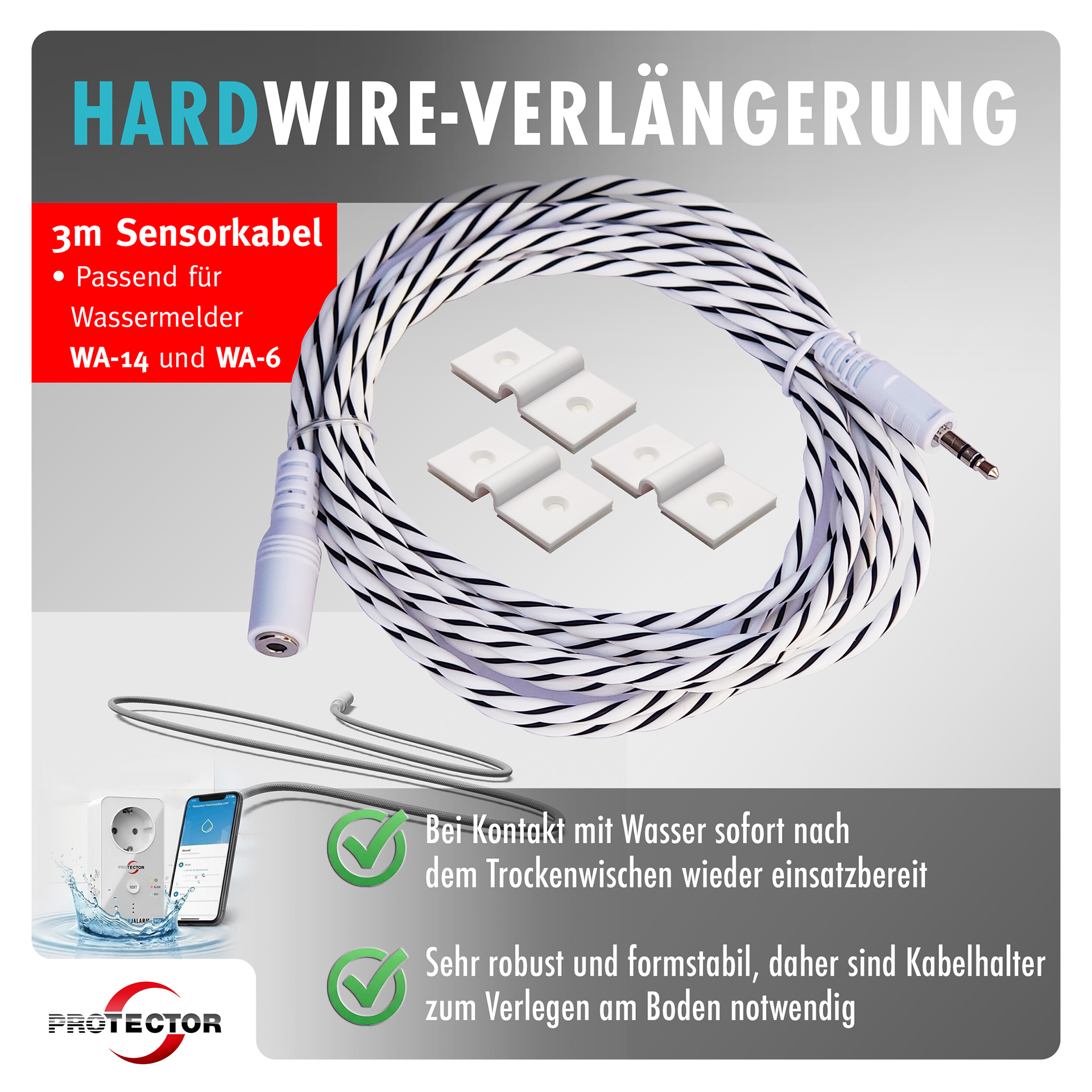 Detektorkabel-Verlängerung, Softwire- oder Hardwire-Sensor für die Wassermelder WA-6 & WA-14
