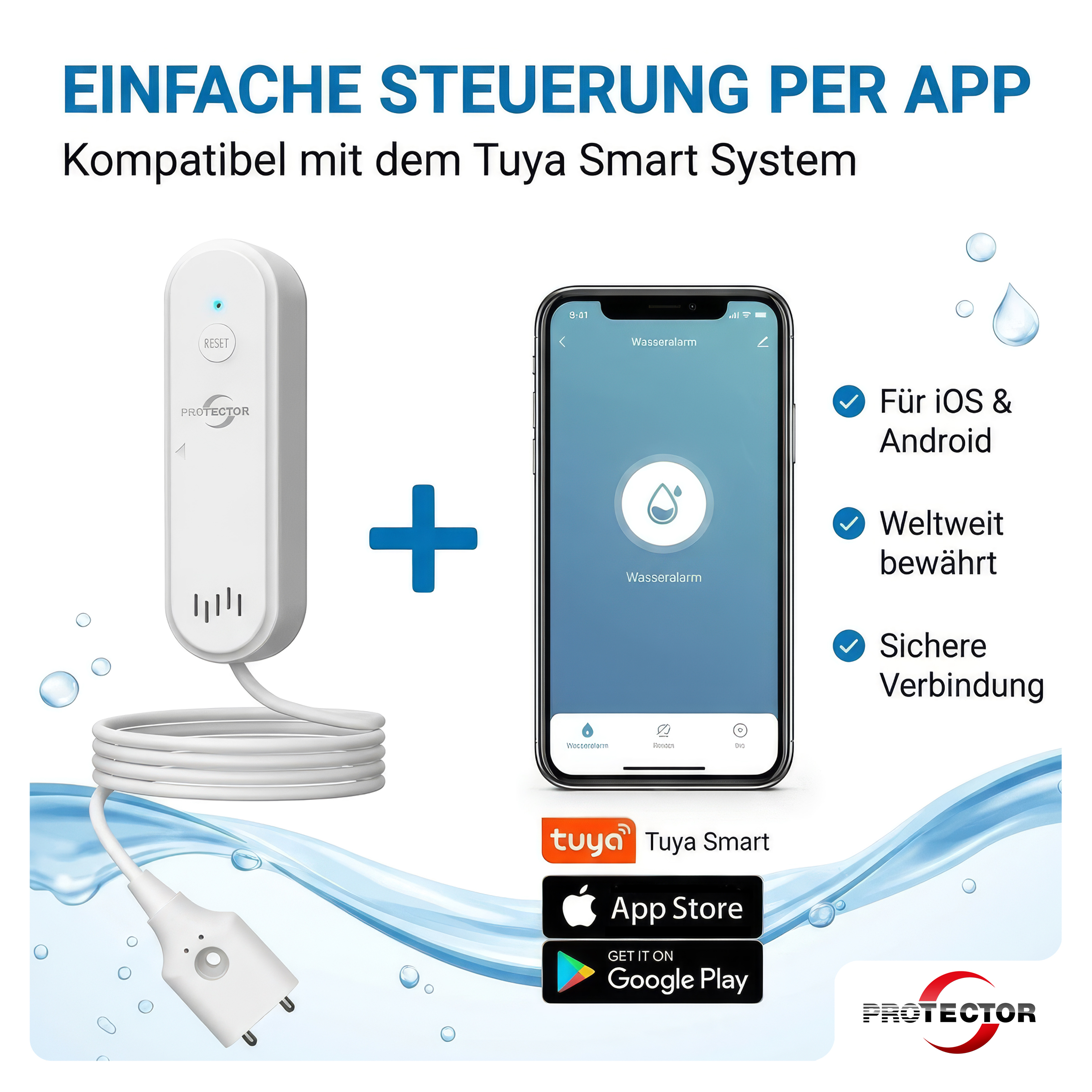 NEU WLAN WASSERALARM, mit Kabel, 2-fache Sicherheit
